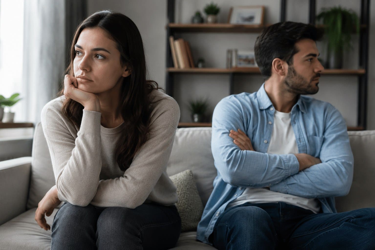 Paar sitzt schweigend auf dem Sofa und schaut in entgegengesetzte Richtungen