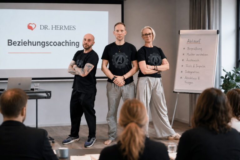 Drei Coaches des Dr. Hermes Instituts stehen vor einer Präsentation im Seminarraum