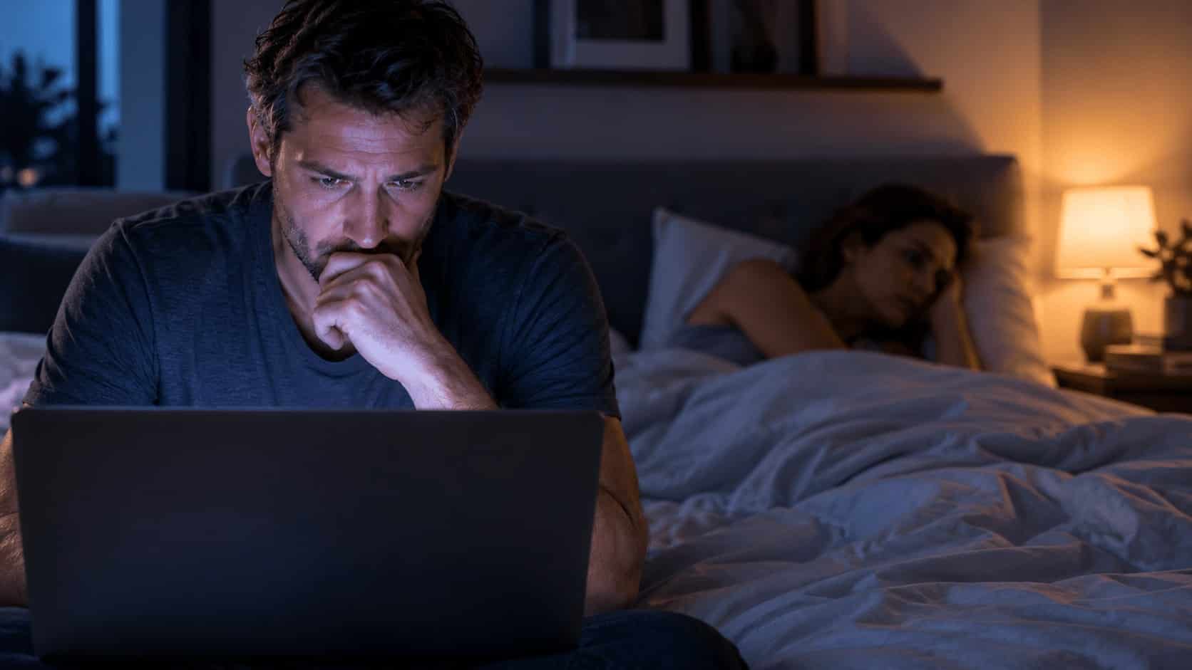 Mann sitzt nachts mit dem Laptop im Bett, während seine Partnerin hinter ihm schläft