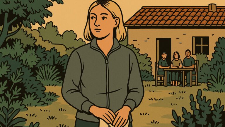 Illustration: Eine Frau hält einen Brief fest, im Hintergrund sitzt eine Gruppe am Tisch