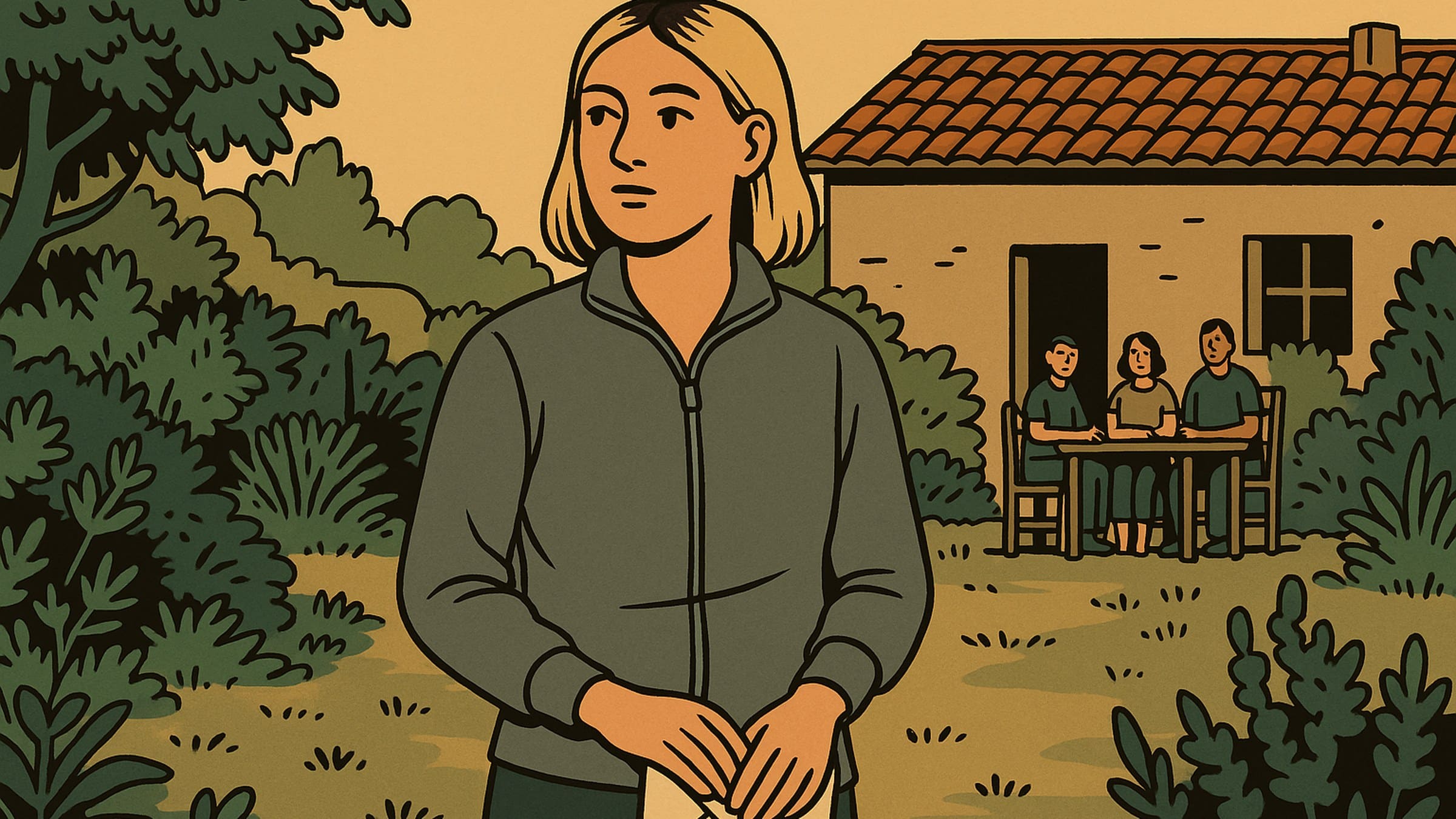 Illustration: Eine Frau hält einen Brief fest, im Hintergrund sitzt eine Gruppe am Tisch
