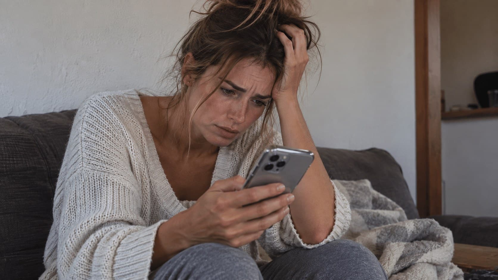Frau sitzt auf dem Sofa und schaut besorgt auf ihr Smartphone, während sie auf eine Nachricht wartet